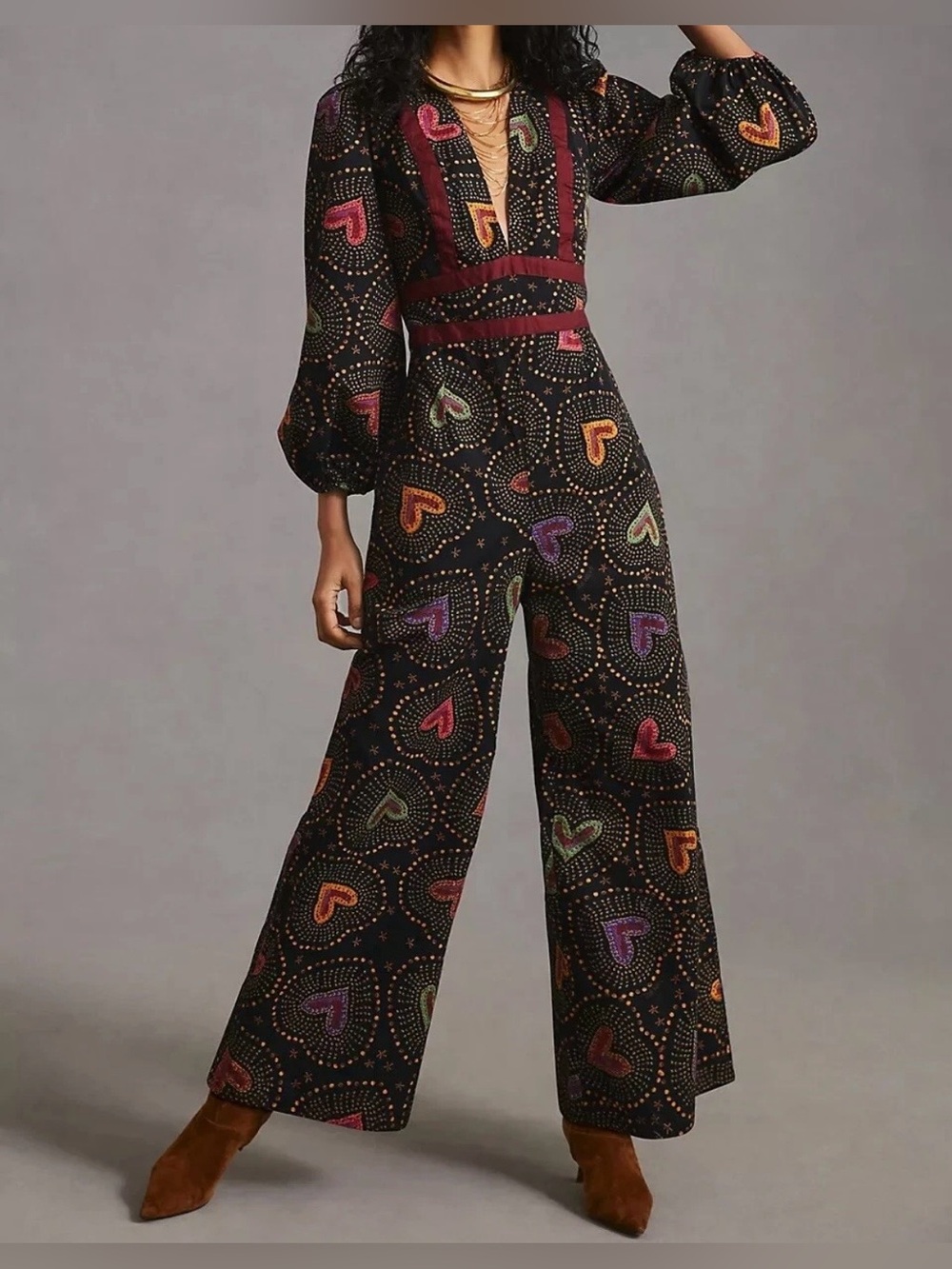 FARM Rio x Anthropologie Black Deep V-Neck Wide Leg Heart Print Jumpsuit Size S
